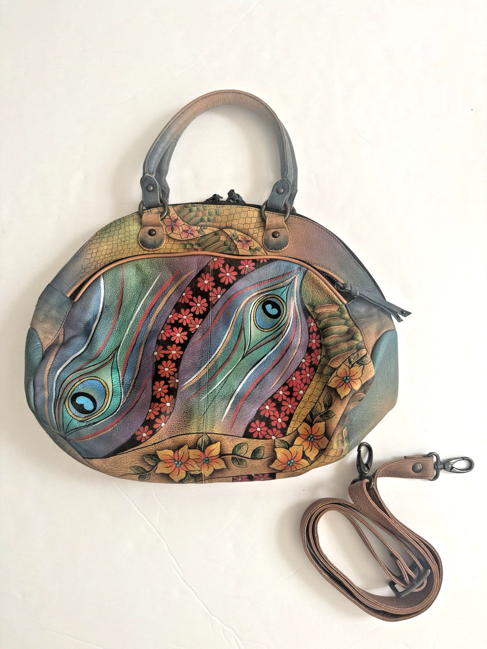 Anuschka Handbag Blue Green Peacock Feathers Floral Artisan Hand-Painted Leather